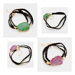 Boho Druzy Crystal Wrap Bracelet Necklace Combo Peridot Green Amethyst Purple